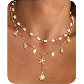 Shell Charm Necklace For Women Stack 14k Gold Plated Seashell Pearl Necklace Dainty Starfish Beach Layered Pendant Summer Boho Jewelry Gifts