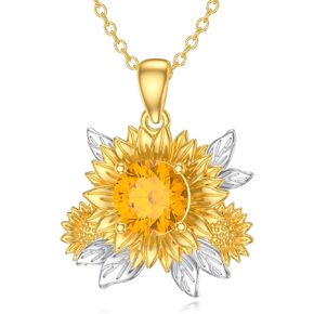 Natural Citrine Sunflower Necklace 925 Sterling Silver Gold Plated Sunflower Pendant Jewelry Gift for Women