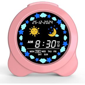 Kids Alarm Clock, Sun & Moon LED Display with Day & Date, Children's Sleep Trainer with Night Light & Sleep Sounds, Cute Wake Up Clock for Kids Bedroom, Easy to Use Birthday Gift for Boy and Girls