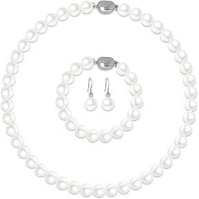 3 Piece 10mm Pearl Necklace Set for Women, Pearl Jewelry Set Includes Necklace, Bracelet and Earrings with Box for Brides Wedding Birthday Valentine Christmas Day Gifts