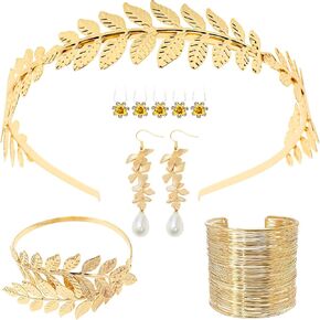 15 PCS إكسسوارات إلهة اليونانية ، رأس الإلهة اليونانية الذهبية ، إكسسوارات توغا النساء مع الأوراق الذهبية تاج سلاسل يدوية سوار دبابيس الشعر لؤلؤة ، لزفاف النساء والحفلة تحت عنوان