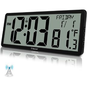 Geevon 14.3" Atomic Clock Battery Operated, Auto-Set Large Atomic Digital Wall Clock with Temperature, DST, Date, 4.4" Jumbo Digits for Home Office Elderly Living Room, Dining Room