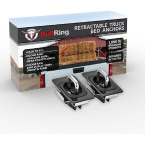 Bull Ring Gunmetal Finish Flush Fit Retractable Truck Bed Tie Downs for 2009+ Dodge RAM 1500, 2500 (Rear Only) Dually RAM 3500 (Front & Rear) Rail Cap Trim Required to Install (1 Pair)