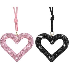 2Pcs Rear View Mirror Accessories, AIFUDA Bling Heart Car Hanging Accessories Crystal Rhinestone Auto Interior Hanger Decoration for Women Girls(Black,Pink)