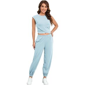 Women's Cozy 2 Piece Outfits Lounge Sets Sleeveless Cropped Tops High Waisted Jogger Sweatpants Sweats Track Suits Set