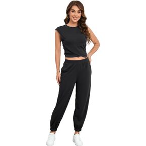 Women's Cozy 2 Piece Outfits Lounge Sets Sleeveless Cropped Tops High Waisted Jogger Sweatpants Sweats Track Suits Set in Saudi Arabia