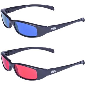 Global Vision 2 Pair New Attitude Black Sport Motorcycle Riding Sunglasses 1 with Blue Lens and 1 with Red Lens
