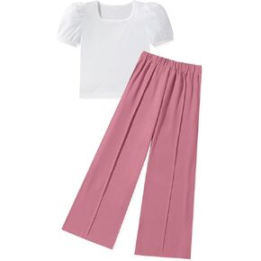 oklady Girls Clothes Square Neck Puff Short Sleeve Tops Wide Leg Long Pants Sets Girls Summer Outfits 7-14 Years