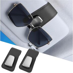 Car Sunglass Holders, 2PCS Leather Vehicle Sun Visor Eyeglasses Hanger Clip, One Handed Operation Automotive Interior Glasses Ticket Storage Clamp Accessories, Universal Fit (Black)