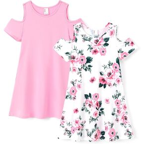 PATPAT Girls Summer Dress Short Sleeve Cold Shoulder Dresses Set Solid Color Casual Dress Floral Dress with Pockets