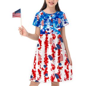Remimi Girl 4th of July Dress American Flag Short Sleeve Summer Beach Dresses 5-14 Years