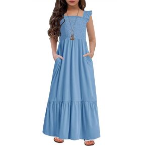 HOSIKA Girls Summer Sundress Casual Sleeveless Smocked Aline Flowy Tiered Maxi Boho Beach Dress with Pockets 6-12Y