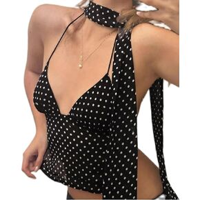 Y2k Polka Dot Tank Top for Women Spaghetti Strap V Neck Halter Crop Top Coquette Backless Cami Scarf Top in Kuwait