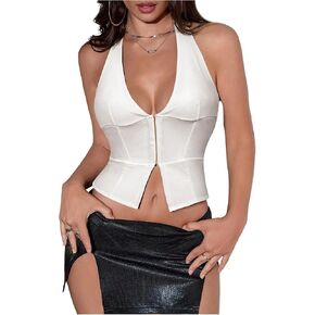 SHENHE Women's Halter Bustier Crop Top Deep V Neck Split Sexy Party Night Vest Top