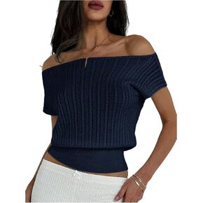 WDIRARA Women's Off Shoulder Textured Short Sleeve Fitted Waist Knitted Top