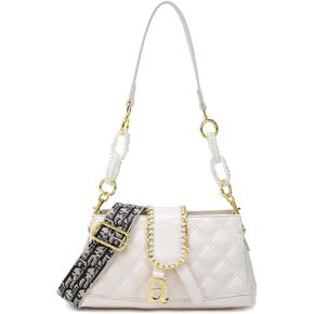 Women's Shoulder Crossbody Bag, Elegant Quilted Clutch Purse with Pearl Chain & Demovable Straps