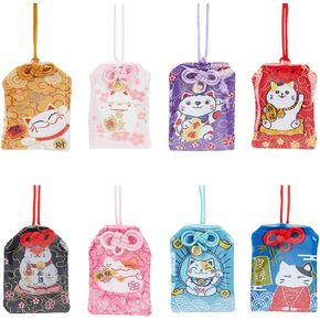 WEBEEDY 8 Styles Japanese Lucky Cat Amulet Japanese Omamori Charms Good Luck Hanging Sachet Handmade Traditional Japanese Charms Pendant for Study Success Traffic Safety Wealth(Assorted Color)