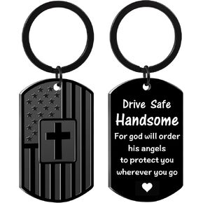 Birthday Gifts for Boyfriend Husband, Drive Safe Keychain for Him Men, Dog Tag Cross Gift for Christmas Valentines Day