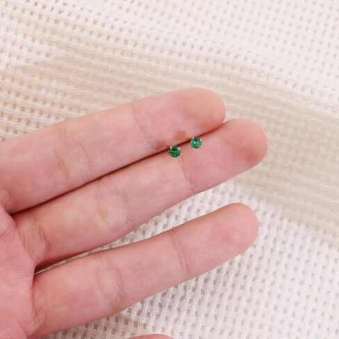 Tiny Emerald Earrings Green Earrings with 18K Gold Plated Sterling Silver Stud, Hypoallergenic Handmade Stud Earrings for Women Gift for Christmas New Year-3mm in Kuwait
