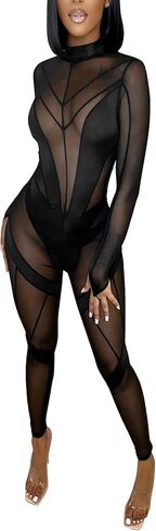 Women Sexy High Neck Sheer Mesh Splicing Bodycon Jumpsuit Romper Clubwear in Kuwait