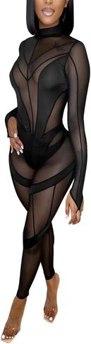 Women Sexy High Neck Sheer Mesh Splicing Bodycon Jumpsuit Romper Clubwear in Kuwait