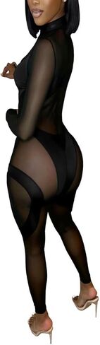 Women Sexy High Neck Sheer Mesh Splicing Bodycon Jumpsuit Romper Clubwear in Kuwait