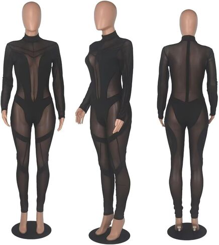 Women Sexy High Neck Sheer Mesh Splicing Bodycon Jumpsuit Romper Clubwear in Kuwait