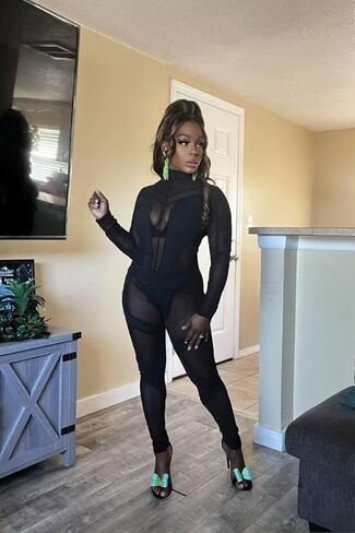 Women Sexy High Neck Sheer Mesh Splicing Bodycon Jumpsuit Romper Clubwear in Kuwait