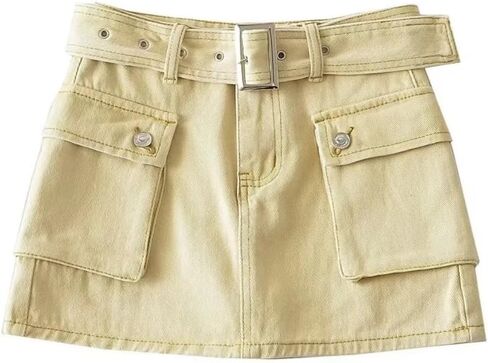 Women's High-Waist Flap Pocket Y2k Skinny Denim Cargo Short Skirt with Belt in Kuwait