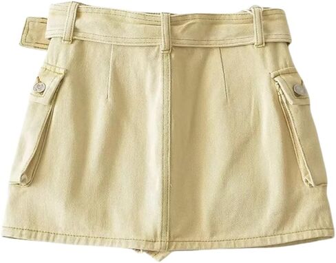 Women's High-Waist Flap Pocket Y2k Skinny Denim Cargo Short Skirt with Belt in Kuwait