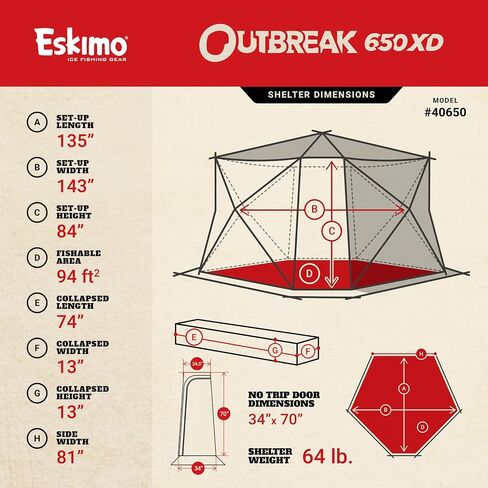 Eskimo Outbreak 850XD Pop-up Portable Insulated Ice Fishing Shelter, 114 sq ft. Fishable Area, 7-9 Person, Red/Black, 94" x 180" in Saudi Arabia