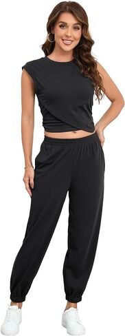 Women's Cozy 2 Piece Outfits Lounge Sets Sleeveless Cropped Tops High Waisted Jogger Sweatpants Sweats Track Suits Set in Kuwait