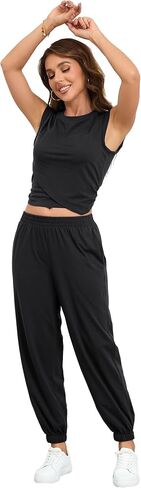 Women's Cozy 2 Piece Outfits Lounge Sets Sleeveless Cropped Tops High Waisted Jogger Sweatpants Sweats Track Suits Set in Kuwait
