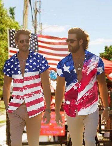 Yoimira 4th من يوليو قمصان للرجال ، مفهوم الجرونج الوطني بالولايات المتحدة الأمريكية ، زر العلم إلى أسفل الأكمام القصيرة القصيرة القصيرة هاواي للرجال in Kuwait