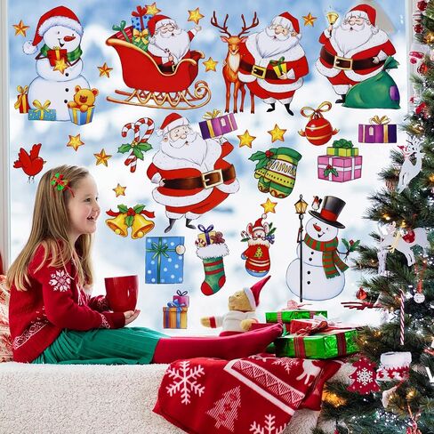 Christmas Window Clings Santa Claus Decorations, 46Pcs Large Size Christmas Window Stickers, Double-Side Removable Decals for Christmas Gifts and Décor in Saudi Arabia