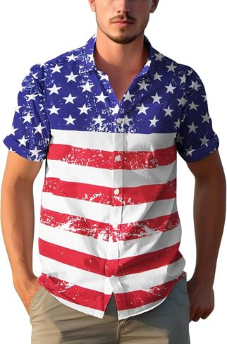 Yoimira 4th من يوليو قمصان للرجال ، مفهوم الجرونج الوطني بالولايات المتحدة الأمريكية ، زر العلم إلى أسفل الأكمام القصيرة القصيرة القصيرة هاواي للرجال in Kuwait
