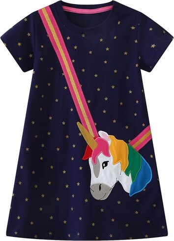 Hongshilian Little Girls Cotton Casual Dress Cartoon Appliques Jersey Summer Dresses Short Sleeved Clothing in Saudi Arabia