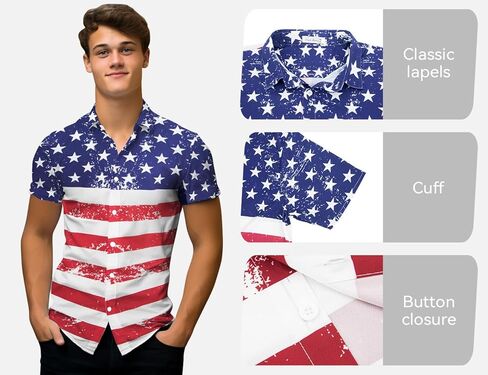Yoimira 4th من يوليو قمصان للرجال ، مفهوم الجرونج الوطني بالولايات المتحدة الأمريكية ، زر العلم إلى أسفل الأكمام القصيرة القصيرة القصيرة هاواي للرجال in Kuwait