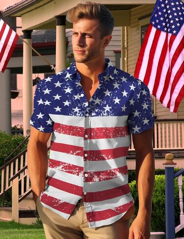 Yoimira 4th من يوليو قمصان للرجال ، مفهوم الجرونج الوطني بالولايات المتحدة الأمريكية ، زر العلم إلى أسفل الأكمام القصيرة القصيرة القصيرة هاواي للرجال in Kuwait