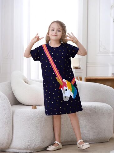 Hongshilian Little Girls Cotton Casual Dress Cartoon Appliques Jersey Summer Dresses Short Sleeved Clothing in Saudi Arabia