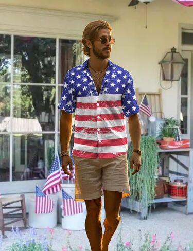 Yoimira 4th من يوليو قمصان للرجال ، مفهوم الجرونج الوطني بالولايات المتحدة الأمريكية ، زر العلم إلى أسفل الأكمام القصيرة القصيرة القصيرة هاواي للرجال in Kuwait