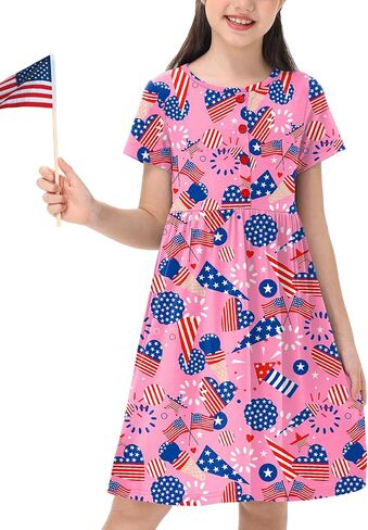 Remimi Girl 4th of July Dress American Flag Short Sleeve Summer Beach Dresses 5-14 Years in Saudi Arabia