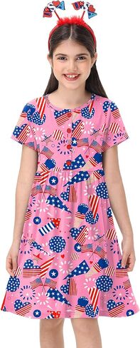 Remimi Girl 4th of July Dress American Flag Short Sleeve Summer Beach Dresses 5-14 Years in Saudi Arabia