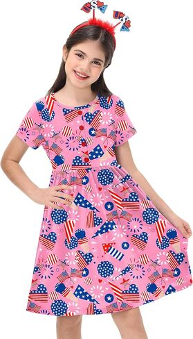 Remimi Girl 4th of July Dress American Flag Short Sleeve Summer Beach Dresses 5-14 Years in Saudi Arabia
