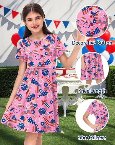 Remimi Girl 4th of July Dress American Flag Short Sleeve Summer Beach Dresses 5-14 Years in Saudi Arabia