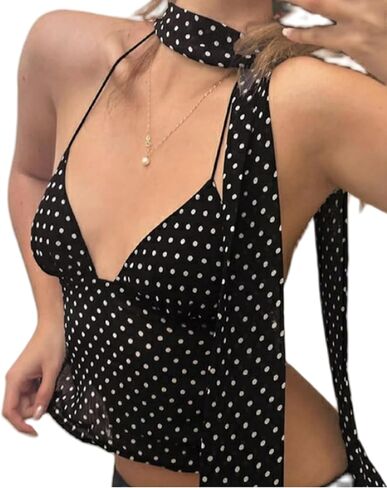 Y2k Polka Dot Tank Top for Women Spaghetti Strap V Neck Halter Crop Top Coquette Backless Cami Scarf Top in Kuwait