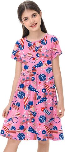 Remimi Girl 4th of July Dress American Flag Short Sleeve Summer Beach Dresses 5-14 Years in Saudi Arabia