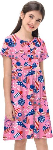 Remimi Girl 4th of July Dress American Flag Short Sleeve Summer Beach Dresses 5-14 Years in Saudi Arabia
