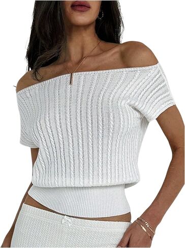 WDIRARA Women's Off Shoulder Textured Short Sleeve Fitted Waist Knitted Top in Kuwait