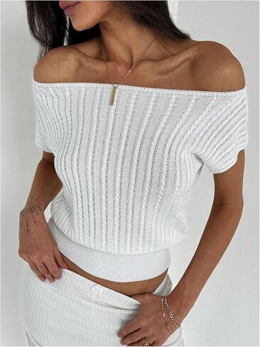 WDIRARA Women's Off Shoulder Textured Short Sleeve Fitted Waist Knitted Top in Kuwait